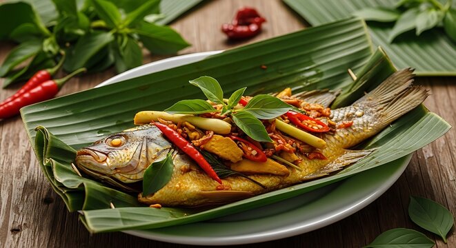 Flavorful oven-baked fish wrapped in aromatic banana leaves, seasoned with fresh herbs and chili, a delightful traditional Asian meal served on a rustic wooden table