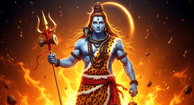 Lord shiva with trishul and damaru in cosmic fire background