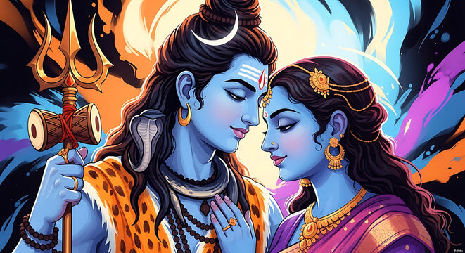 Divine union of lord shiva and goddess parvati in vibrant artistic style