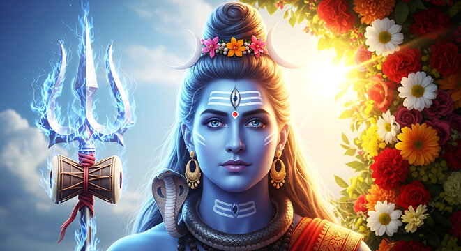 Divine lord shiva with trishul and damru surrounded by vibrant flowers