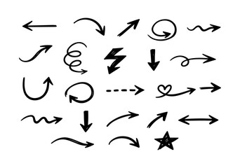 Fototapeta premium Dynamic collection of hand-drawn doodle arrows. Diverse styles and directions for visual communication and creative design