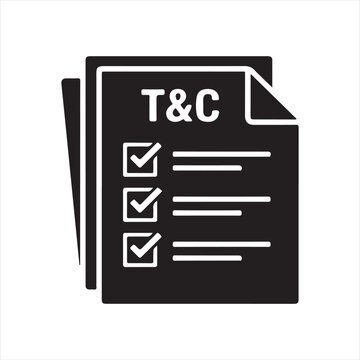 Terms and Conditions Icon, Black T&C Document with Checklist Silhouette Isolated on White


