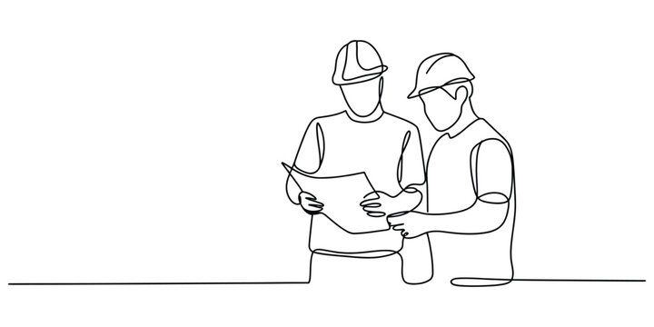 Two construction workers looking at a blueprint drawing in continuous line art