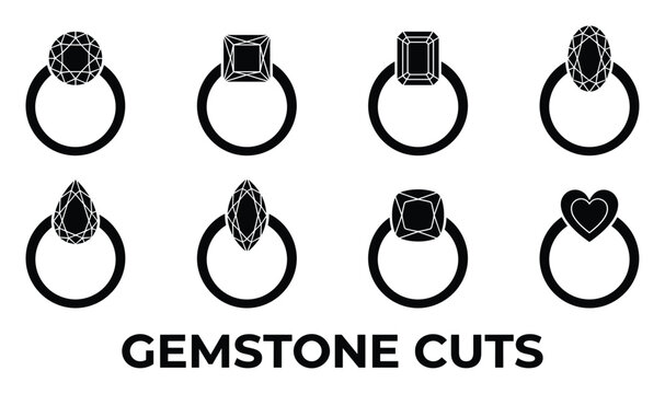Collection of eight simple black icons depicting various gemstone cuts on rings unique jewelry design elements.