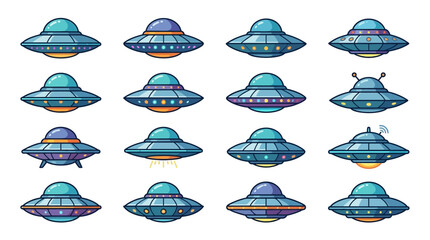 Collection of cartoon flying saucers and UFOs. © Retno