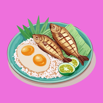 Warmly prepared traditional nasi lemak featuring detailed elements and vibrant professional culinary artwork design combined with including variety - Vector Illustration