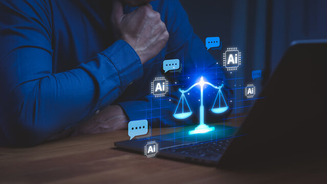 Business analyzing AI ethics and legal compliance with digital balance scale interface. Concept of artificial intelligence governance, responsible technology, regulation, fairness, and data privacy.
