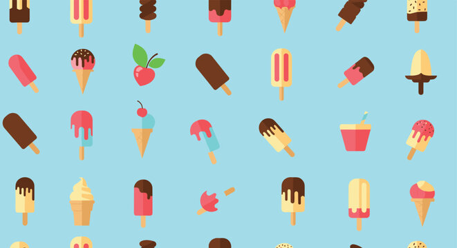 Seamless pattern of various ice cream treats including popsicles, cones, and cups on a light blue background for summer decor.