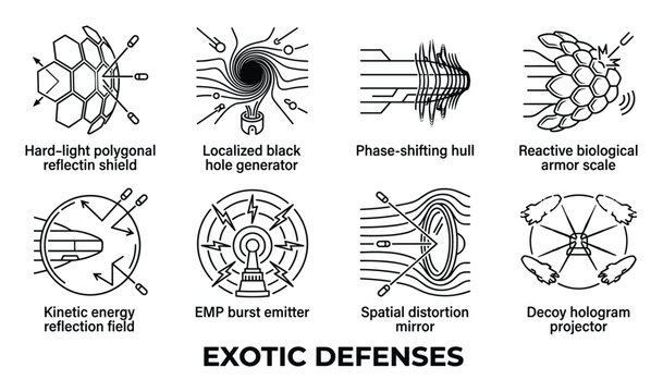 Exotic defense systems and advanced shielding technologies like force fields and reactive armor for futuristic protection.