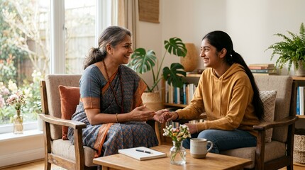 Fototapeta premium Two Indian women, an older and a younger one, share a warm, supportive conversation in a cozy living room, holding hands and smiling.