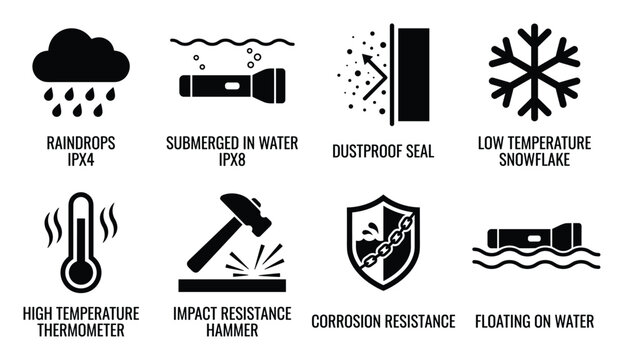 Flashlight survival icons including waterproof dustproof temperature resistance impact and float.