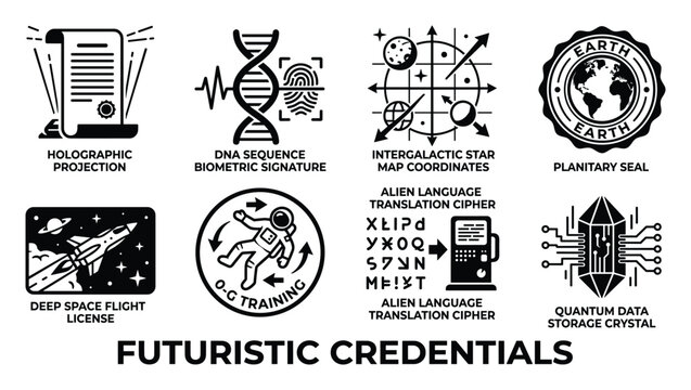 Futuristic credentials set with holographic projection dna sequence intergalactic star map planetary seal.