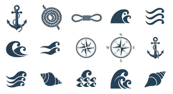 Nautical icons set with anchors waves.
