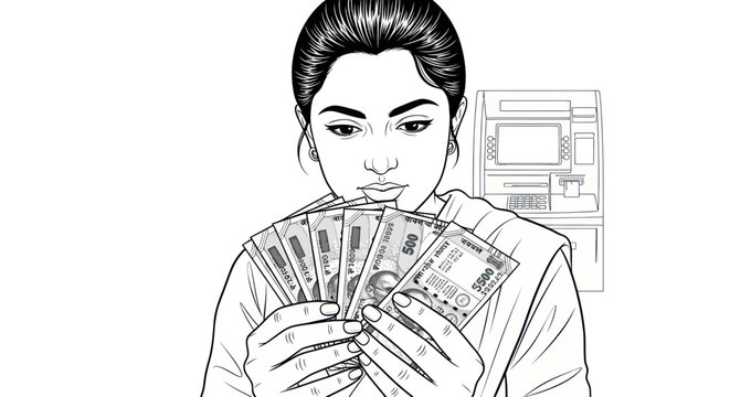 Woman holding many dollar banknotes.