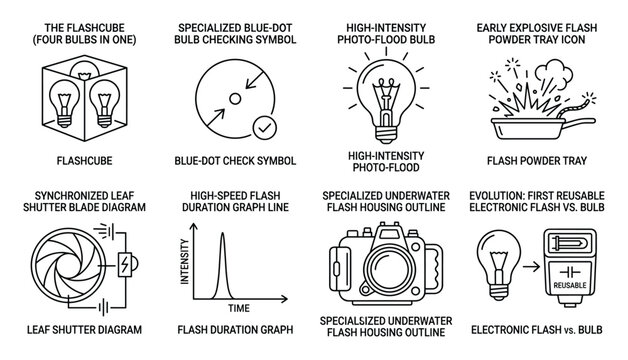 Illustration set for vintage camera flash technology and components collection.
