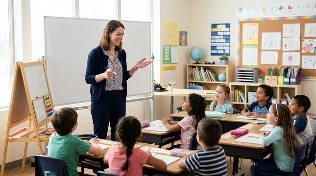 A smiling female teacher engages with a diverse group of elementary school children in a bright and decorated classroom during a lesson.