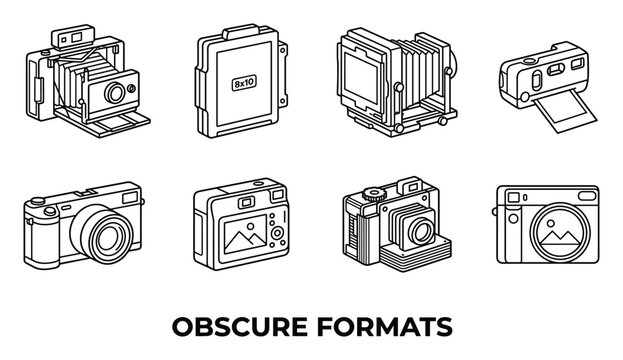 Obscure photography formats with vintage and modern cameras and film formats in line art on white.