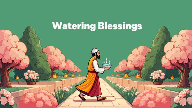 A muslim man is watering blessings in a beautiful garden with trees