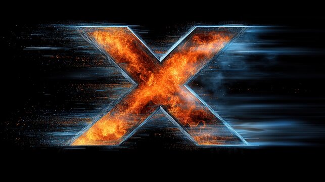 Large X-shaped emblem forged from fiery orange flames and icy blue streaks glows with dynamic energy
