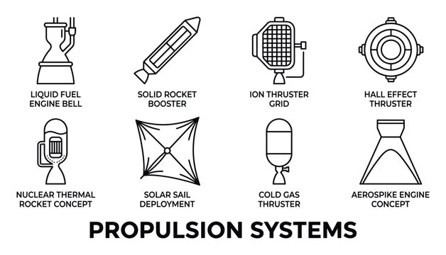 Propulsion systems concepts for spacecraft exploration including liquid fuel engines rocket boosters and ion thrusters.