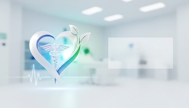 Soft blue and white medical room with a glowing heart shield emblem featuring a caduceus and leaves, plus a translucent text panel reading wellness solutions.