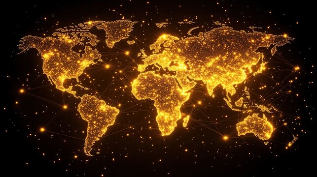 Hyper-Luminous Golden Global Map Illustration Showing Nighttime Continental Networks Across the Globe