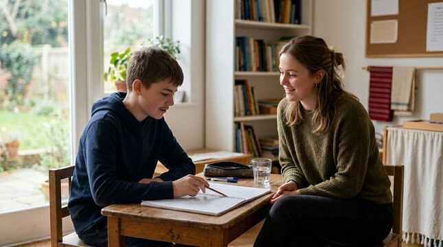 A young boy and a smiling woman are sitting at a wooden table, looking at a drawing or homework together in a bright room.