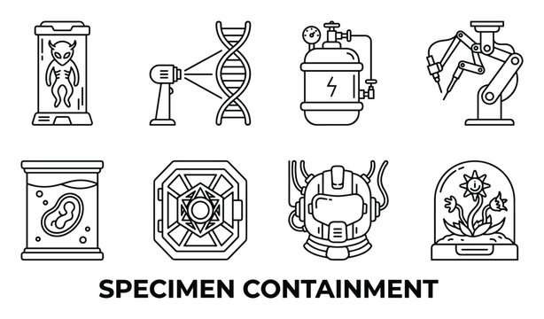 Specimen containment icons set for science laboratory and alien research futuristic experiments symbols.