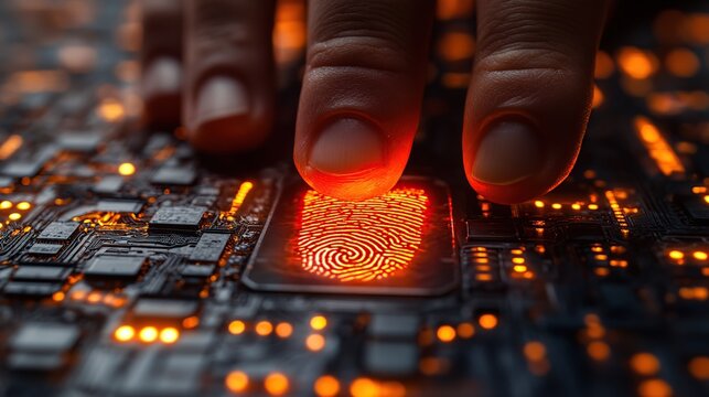 Intense close-up of a glowing microprocessor being touched by a fingertip on a circuit board