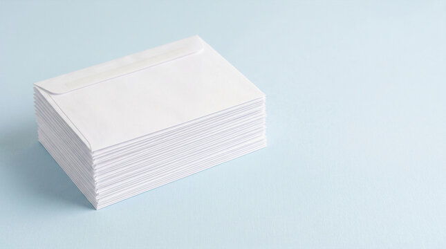 Plain white envelopes stacked for business mail communication on a light blue background