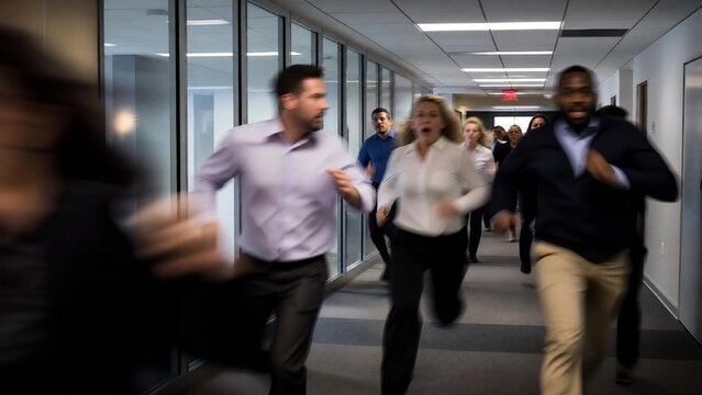Panic and Chaos as Business People Run Down Office Hallway During Emergency