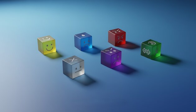 Colorful glossy cubes with expressive faces arranged on blue gradient surface, soft shadows and subtle lighting, captioned psychology mood at bottom center.