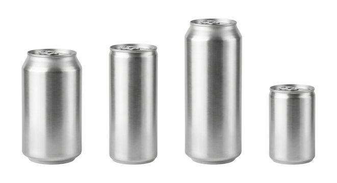 Blank aluminum beverage cans mockup set, isolated on transparent background