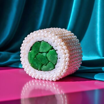 Surreal Conceptual Sushi Roll Made Of White Pearls Filled With Green Jade Stones On Vibrant Pink Surface