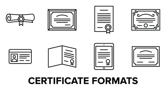 Various certificate formats and documents including diplomas, IDs, and official awards on a white background.