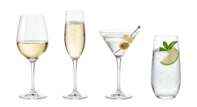 Assorted cocktail and wine glasses collection, isolated on transparent background