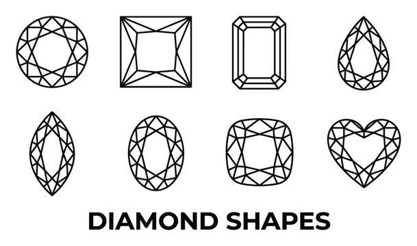 Various diamond shapes round princess emerald octagon marquise oval cushion heart.