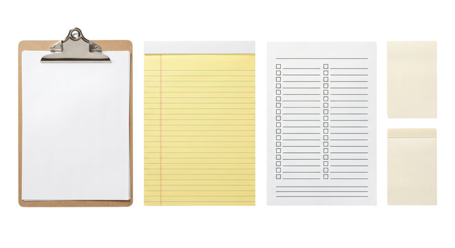 Blank clipboard office notepad and checklist templates, isolated on transparent background