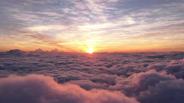 Breathtaking golden sunrise above clouds aerial view