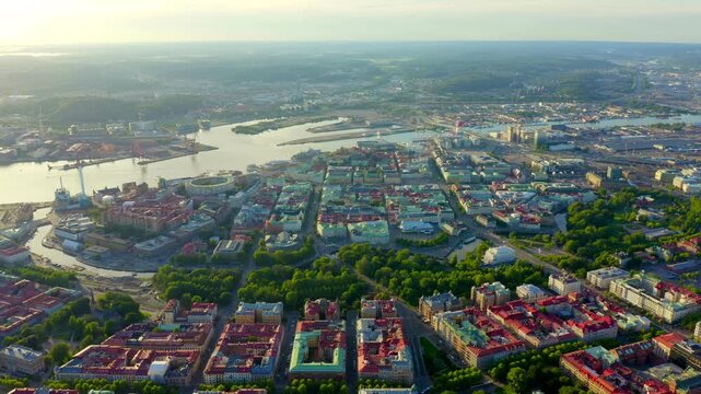 Gothenburg, Sweden. Panorama of the city and the river Goeta Elv. The historical center of the city. Sunset. Drone footage, Point of interest