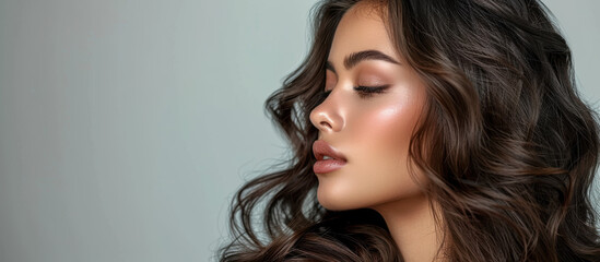 Naklejka premium Beautiful Woman Profile Portrait with Long Shiny Wavy Hair and Natural Glowing Skin