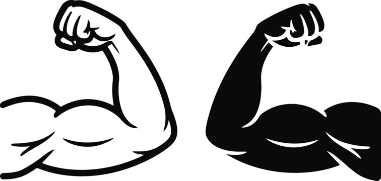 Biceps flexing illustration set black and white line art and solid silhouette versions