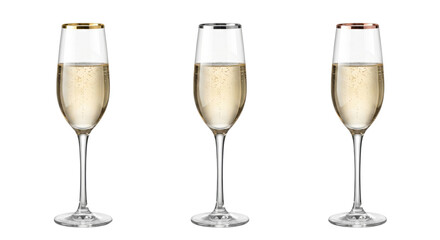 Champagne flutes with gold silver and rose gold rims, isolated on transparent background © PNG Lab