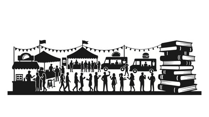 Naklejka premium Festival Scene with Food Trucks and Book Stacks