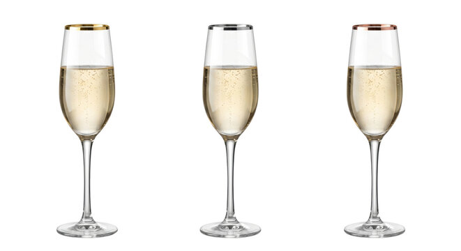 Champagne flutes with gold silver and rose gold rims, isolated on transparent background