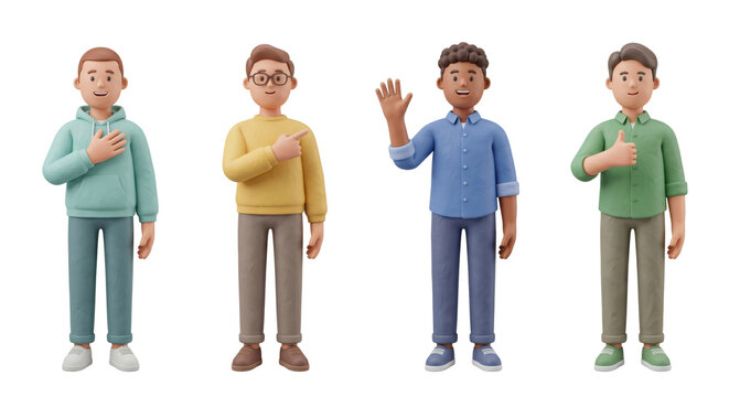 3D stylized diverse men gesturing and waving, isolated on transparent background