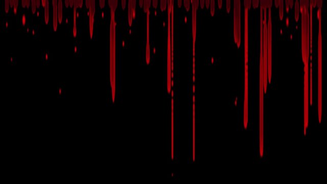 Abstract red blood liquid dripping down on a solid black background featuring bright, viscous trickling and downwards against