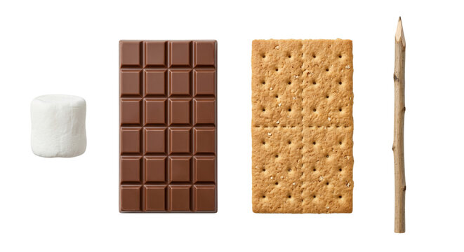 Smores ingredients set with marshmallow chocolate cracker and stick, isolated on transparent background