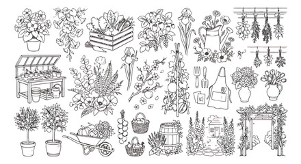 Obraz premium Hand drawn garden line art collection, rustic botanical sketches and floral elements, vintage gardening tools and plant illustrations vector set