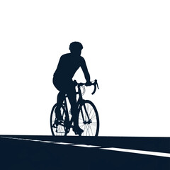 Obraz premium Silhouette of a male cyclist riding a road bike on an asphalt highway with white lane markings, isolated on a white background, concept of sports, fitness, and endurance.